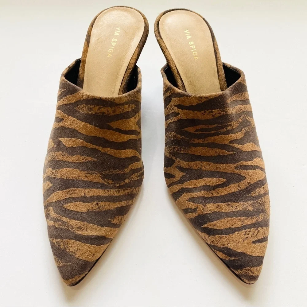 Via Spiga tiger print suede wedge mules